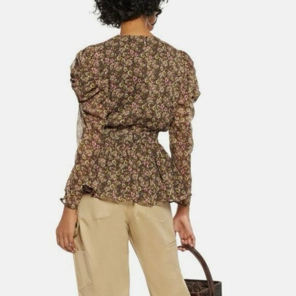 NWOT Walter Baker Rita Floral Wrap Peplum Top Brown Pink Green Size Large - Picture 2 of 12